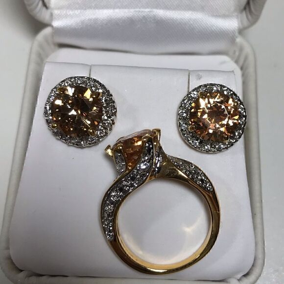 Jewelry - 5 Citrine Ring & Earring set Gold tone CZ acccents